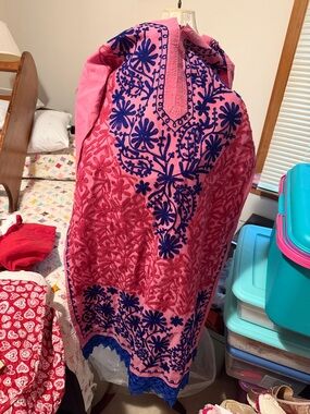 INC International Concepts Pink Maxi Skirt with Navy Floral Embroidery